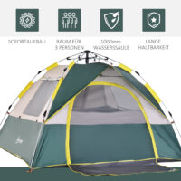 Kuppelzelt für 3 Personen, 205x195x135 cm, aus Polyester, Farbe Grün.