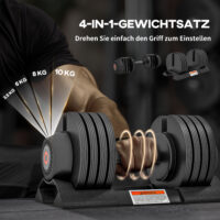Verstellbare Kurzhantel mit Gewichten von 3,5 bis 10 kg, multifunktional für effektives Heimtraining.