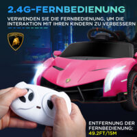 Pinkes Kinderauto im lizenzierten Lamborghini-Design, mit abnehmbarem Akku und Bluetooth-Funktion. Ein Traumwagen für Kinder von 3-6 Jahren.
