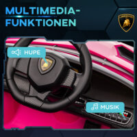 Pinkes Kinderauto im lizenzierten Lamborghini-Design, mit abnehmbarem Akku und Bluetooth-Funktion. Ein Traumwagen für Kinder von 3-6 Jahren.