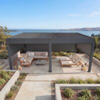 Lamellen Pergola Stanley Alu mit 6 Seitenwänden Rollo 3x6m anthrazit