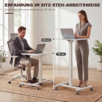 Laptoptisch Stehschreibtisch höhenverstellbar mit Rollen und neigbarer Platte weiss