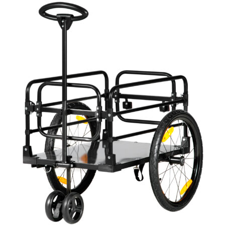 Gelber 2-in-1 Lastenanhänger mit 40kg Traglast und Bremse, ideal für Fahrradtouren und Transportaufgaben.