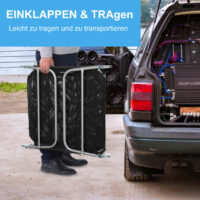 Schwarzer, klappbarer 2-Bein-Liegestuhl.