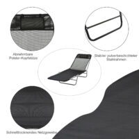 Schwarzer, klappbarer 2-Bein-Liegestuhl.