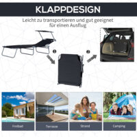 Schwarzer Liegestuhl mit integriertem Sonnenschutz.