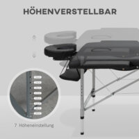 Eine schwarze Massageliege, klappbar, mit 7 Zonen und höhenverstellbar.