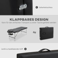 Eine schwarze Massageliege, klappbar, mit 7 Zonen und höhenverstellbar.