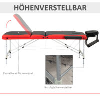 Klappbare Massageliege, höhenverstellbar und aus Aluminium. Ideal für Physiotherapie und Wellness zu Hause oder unterwegs.