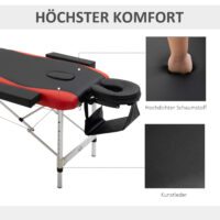 Klappbare Massageliege, höhenverstellbar und aus Aluminium. Ideal für Physiotherapie und Wellness zu Hause oder unterwegs.