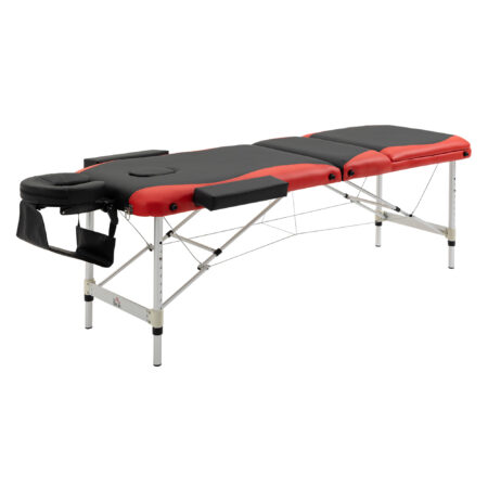 Klappbare Massageliege, höhenverstellbar und aus Aluminium. Ideal für Physiotherapie und Wellness zu Hause oder unterwegs.