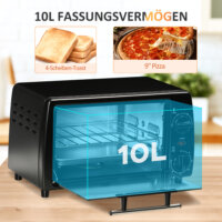 Ein kleiner schwarzer Backofen mit 10 Litern Fassungsvermögen, 750W Leistung und einem 60-Minuten-Timer.