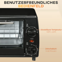 Ein kleiner schwarzer Backofen mit 10 Litern Fassungsvermögen, 750W Leistung und einem 60-Minuten-Timer.