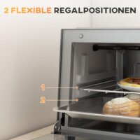 Ein silberner Minibackofen und Backofen mit 9 Litern Fassungsvermögen, 750W Leistung, Temperaturbereich 100-230 Grad Celsius, Timer und Edelstahl-Zubehör.
