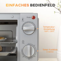 Ein silberner Minibackofen und Backofen mit 9 Litern Fassungsvermögen, 750W Leistung, Temperaturbereich 100-230 Grad Celsius, Timer und Edelstahl-Zubehör.