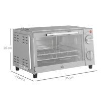 Ein silberner Minibackofen und Backofen mit 9 Litern Fassungsvermögen, 750W Leistung, Temperaturbereich 100-230 Grad Celsius, Timer und Edelstahl-Zubehör.