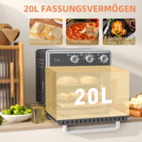 Ein grauer Minibackofen, Heissluftfritteuse und Umluftofen in einem, 20 Liter Fassungsvermögen, 1400W Leistung.