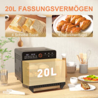 Ein schwarzer Minibackofen und Heissluftofen 3-in-1 mit 20 Litern Fassungsvermögen, Umluftfunktion und bis zu 220 Grad Celsius.