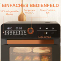 Ein schwarzer Minibackofen und Heissluftofen 3-in-1 mit 20 Litern Fassungsvermögen, Umluftfunktion und bis zu 220 Grad Celsius.