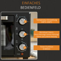 Ein schwarz-silberner Minibackofen und Kompaktofen mit 21 Litern Fassungsvermögen und 3 Kochmodi.