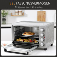 Ein kompakter Minibackofen und Kompaktofen in Silber, 32 Liter Fassungsvermögen, aus Edelstahl mit Glastür.