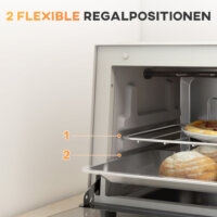 Ein cremeweisser Minibackofen und Kompaktofen mit 9 Litern Fassungsvermögen, 750W Leistung, Temperaturbereich 100-230 Grad Celsius, Timer und Edelstahl-Zubehör.