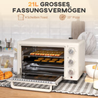 Ein cremeweisser Minibackofen und Ofen mit 21 Litern Fassungsvermögen, Temperaturbereich 100-230 Grad Celsius und Drehspiess.