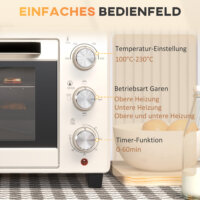 Ein cremeweisser Minibackofen und Ofen mit 21 Litern Fassungsvermögen, Temperaturbereich 100-230 Grad Celsius und Drehspiess.