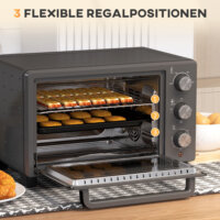Ein grauer Minibackofen und Ofen mit 21 Litern Fassungsvermögen, 1400W Leistung, Temperaturbereich 100-230 Grad Celsius, Timer und Edelstahl-Zubehör.