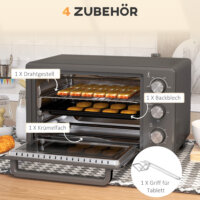 Ein grauer Minibackofen und Ofen mit 21 Litern Fassungsvermögen, 1400W Leistung, Temperaturbereich 100-230 Grad Celsius, Timer und Edelstahl-Zubehör.