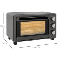 Ein grauer Minibackofen und Ofen mit 21 Litern Fassungsvermögen, 1400W Leistung, Temperaturbereich 100-230 Grad Celsius, Timer und Edelstahl-Zubehör.