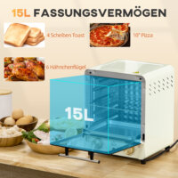 Ein cremeweisser Minibackofen und Umluftofen mit 15 Litern Fassungsvermögen und Temperaturbereich 60-230 Grad Celsius.