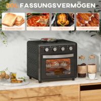 Ein schwarzer Minibackofen und Umluftofen mit 30 Litern Fassungsvermögen, Heissluftfunktion und Temperaturbereich 90-230 Grad Celsius.