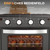 Ein schwarzer Minibackofen und Umluftofen mit 30 Litern Fassungsvermögen, Heissluftfunktion und Temperaturbereich 90-230 Grad Celsius.