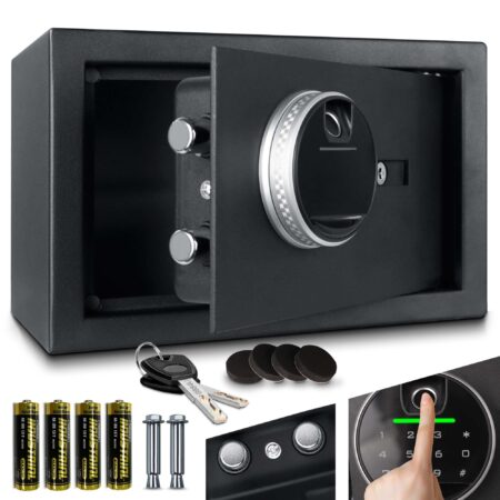 Kompakter Möbeltresor mit Fingerabdrucksensor für sichere Aufbewahrung von Wertsachen und Dokumenten.