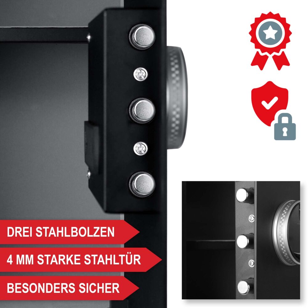 Geräumiger Möbeltresor mit Fingerabdruckscanner für wertvolle Gegenstände und Bargeld.