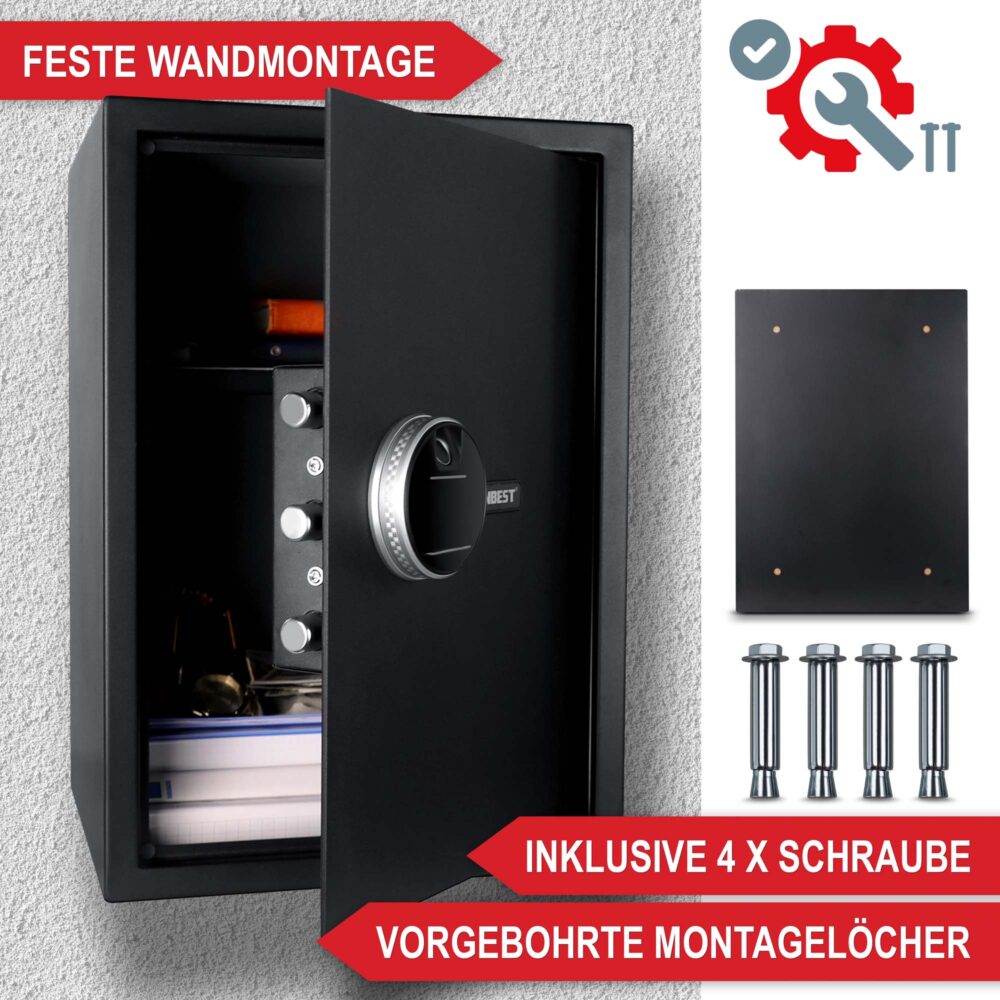 Geräumiger Möbeltresor mit Fingerabdruckscanner für wertvolle Gegenstände und Bargeld.