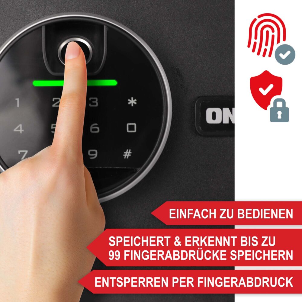 Geräumiger Möbeltresor mit Fingerabdruckscanner für wertvolle Gegenstände und Bargeld.