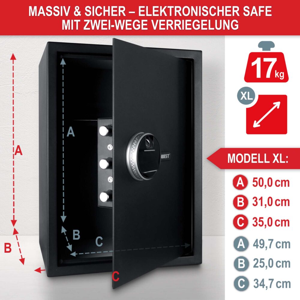 Geräumiger Möbeltresor mit Fingerabdruckscanner für wertvolle Gegenstände und Bargeld.