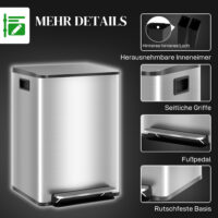 Mülleimer mit 2 Fächern Soft-Close fingerabdrucksicher 40L Edelstahl silber