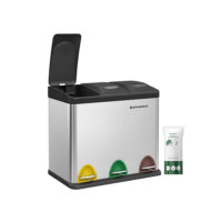 Mülleimer mit drei Fächern und drei Pedalen, ideal für Mülltrennung.