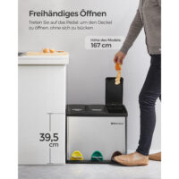 Mülleimer mit drei Fächern und drei Pedalen, ideal für Mülltrennung.