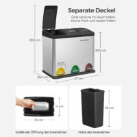 Mülleimer mit drei Fächern und drei Pedalen, ideal für Mülltrennung.