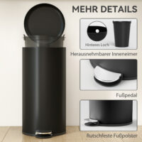 Mülleimer Treteimer mit Deckel Soft Close Inneneimer 30L schwarz