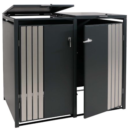 Mülltonnenbox Metall anthrazit 2er mit Deckel und Edelstahl