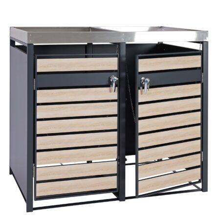 Mülltonnenbox aus Metall anthrazit mit Pflanzkasten 2er Set in Holzoptik