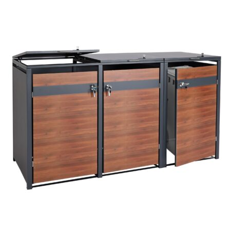 Mülltonnenbox 3er aus Metall anthrazit mit dunkelbrauner Holzoptik