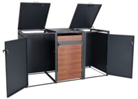 Mülltonnenbox 3er aus Metall anthrazit mit dunkelbrauner Holzoptik