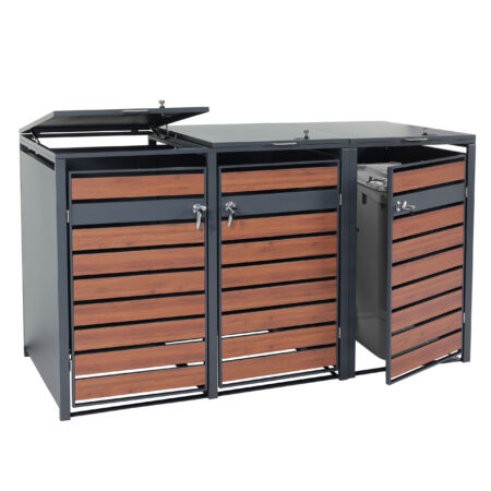 Mülltonnenbox 3er aus Metall anthrazit mit dunkler Holzoptik