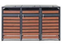 Mülltonnenbox 3er aus Metall anthrazit mit dunkler Holzoptik